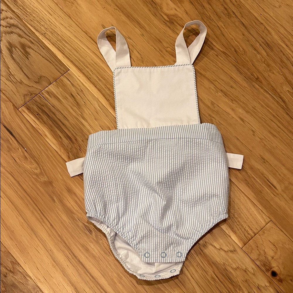 The Beaufort Bonnet Company Blue and White Striped Baby Romper